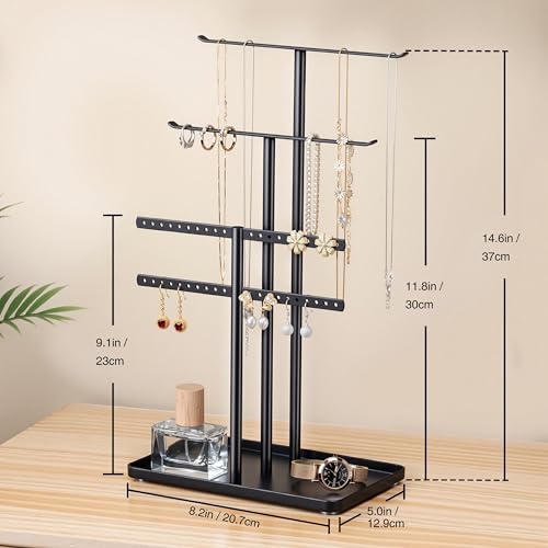 pickpiff Jewelry Stand Organizer, 14.5" Tall Sturdy Metal, 3-Tier Jewelry Holder for Necklace, Earring, Bracelet, Ring, Hanger for Display and Storage, Aesthetic Room Decor, Black - Image 3