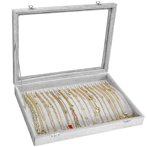 Siveit Necklace Organizer Box Premium 20 Hooks Necklace Display Jewelry Tray with Transparent Lid Jewelry Necklace Display Box for Necklace Pendants Suitable for Women and Girls (Grey) - Image 1