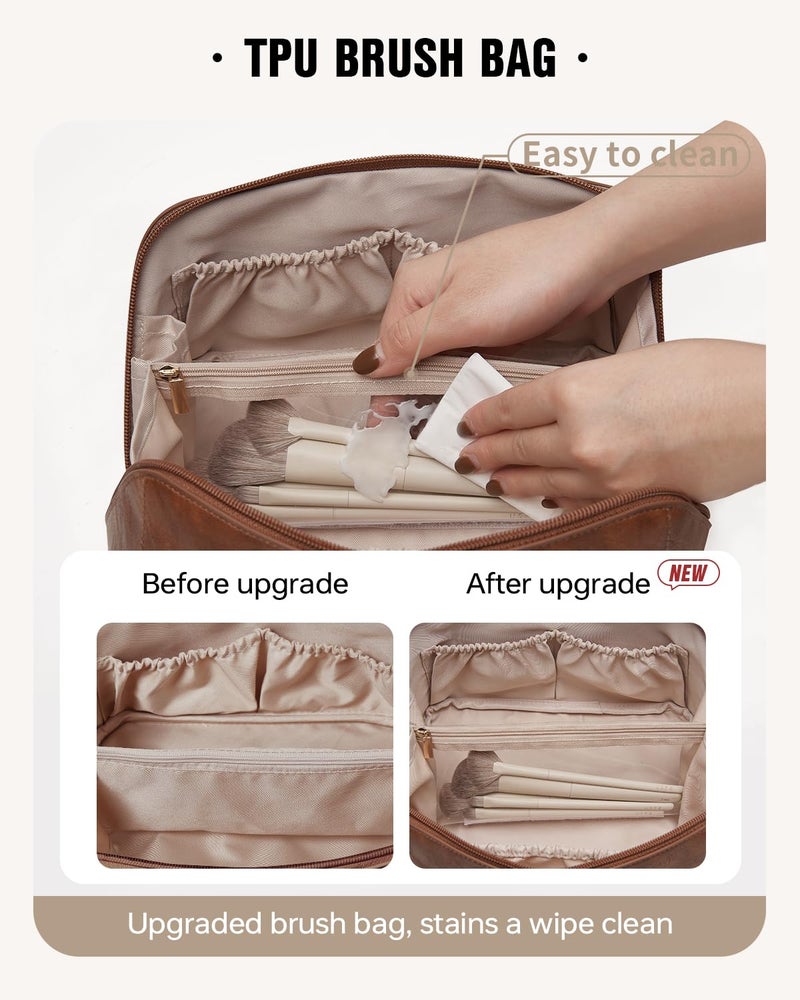 EACHY Travel Makeup Bag, Large Capacity Cosmetic Bags for Women, Waterproof Portable Open Flat Toiletry Bag Make up Bag with Divider and Handle, Gifts for Women (I-Brown, Medium) - Image 3