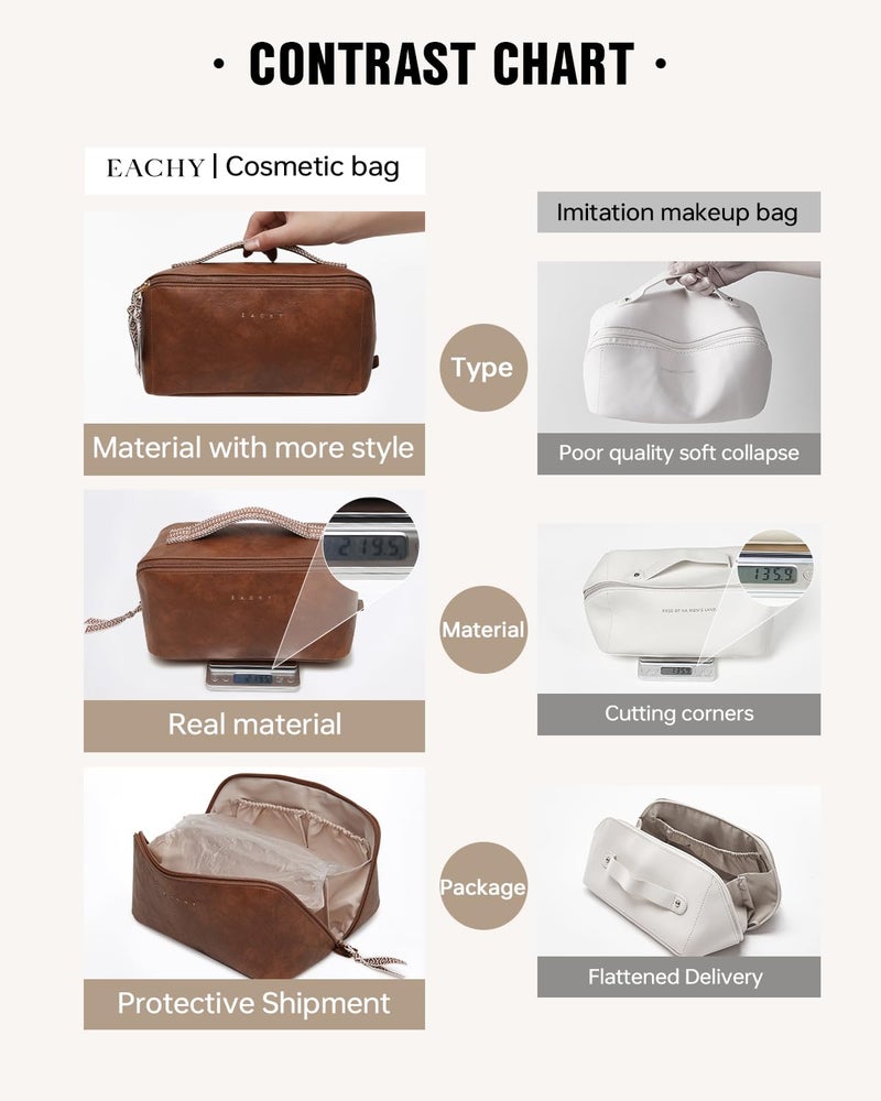 EACHY Travel Makeup Bag, Large Capacity Cosmetic Bags for Women, Waterproof Portable Open Flat Toiletry Bag Make up Bag with Divider and Handle, Gifts for Women (I-Brown, Medium) - Image 4