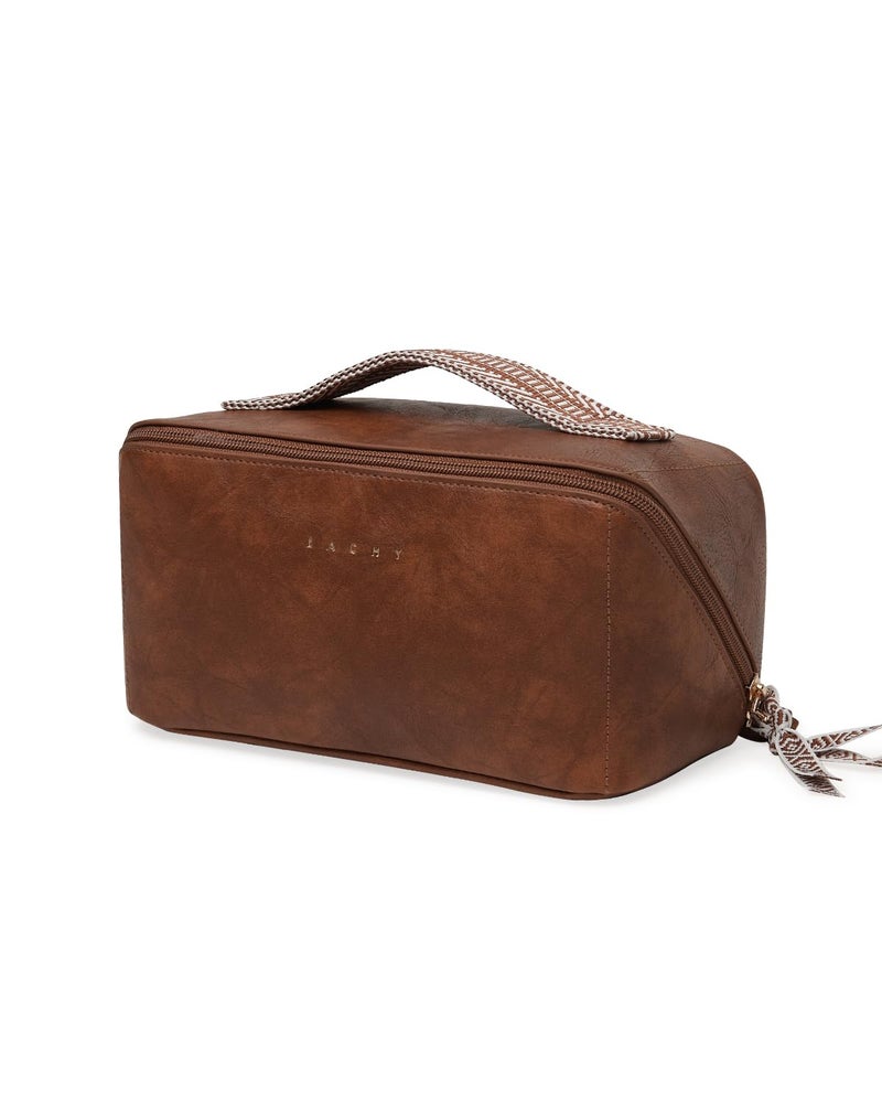 EACHY Travel Makeup Bag, Large Capacity Cosmetic Bags for Women, Waterproof Portable Open Flat Toiletry Bag Make up Bag with Divider and Handle, Gifts for Women (I-Brown, Medium) - Image 1