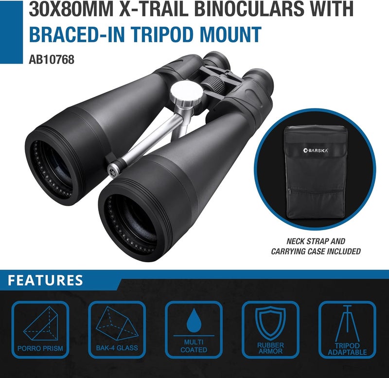 BARSKA XTrail 30x80 Binocular w Bracedin Tripod Adapter Black - Image 3