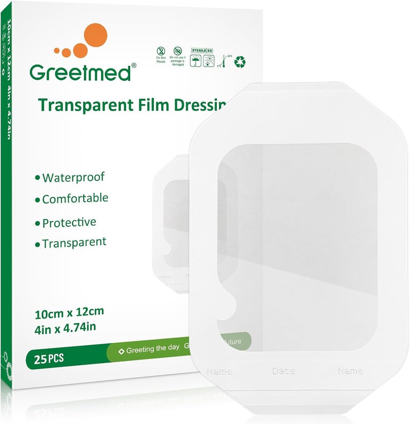 Greetmed ضمادات فيلم شفافة 4 × 475 25 عبوة لاصقات مائية واضحة للجروح لاصقات لاصقة كبيرة غطاء جروح قابل للتنفس للاستحمام بعد الجراحة السباحة العناية بالتاتو درع IV - Image 1