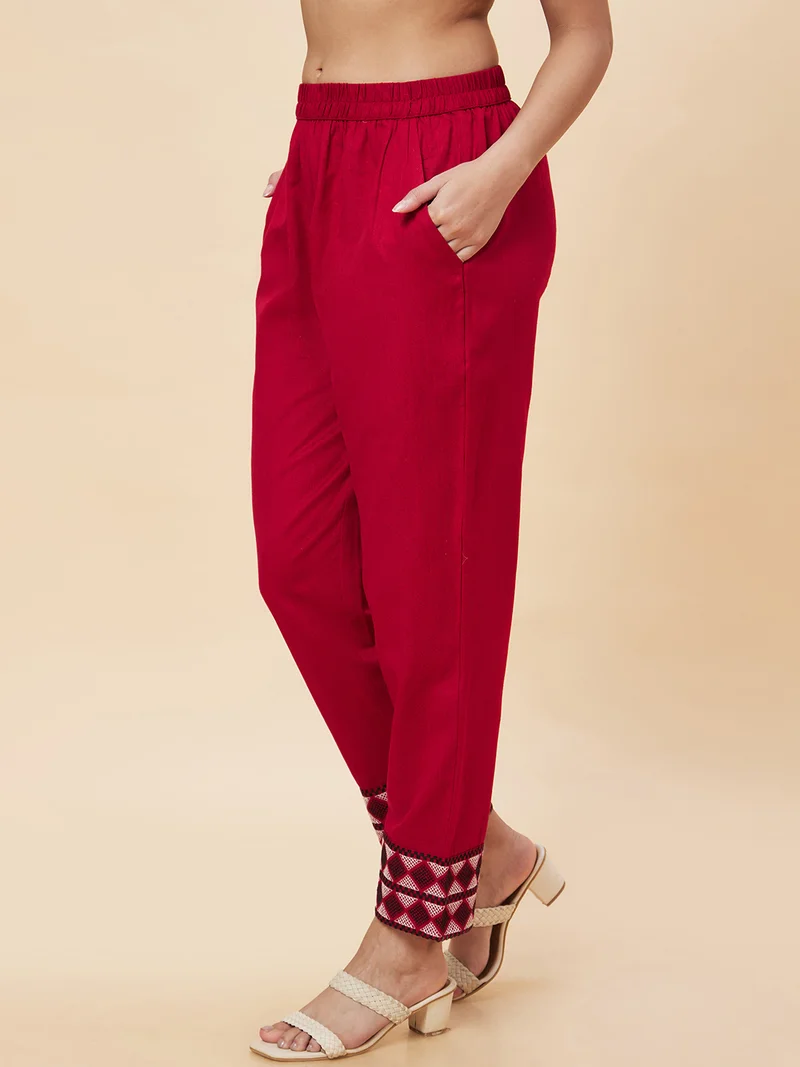 globus Maroon Women Maroon Mid Rise Plain Pure Cotton Straight Fit Trousers for Women | Best Price UAE