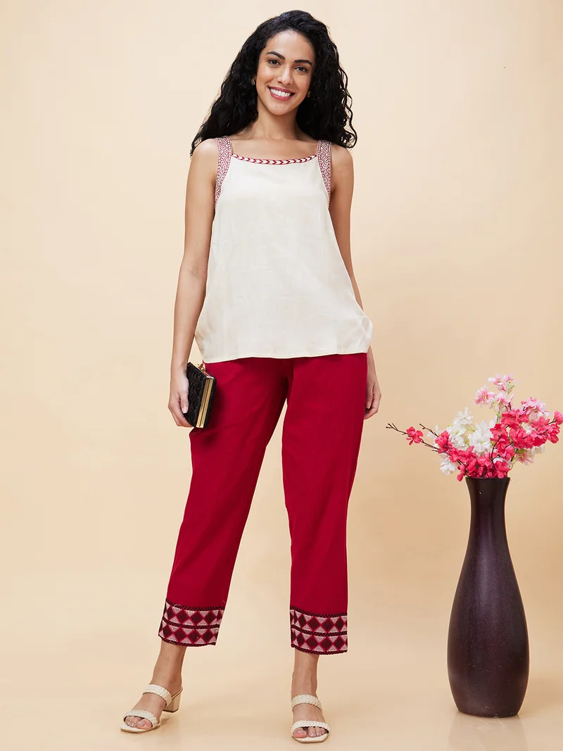 globus Maroon Women Maroon Mid Rise Plain Pure Cotton Straight Fit Trousers for Women | Best Price UAE