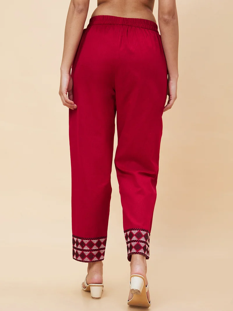 globus Maroon Women Maroon Mid Rise Plain Pure Cotton Straight Fit Trousers for Women | Best Price UAE