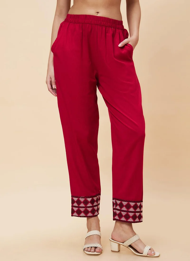 globus Globus Women Maroon Mid Rise Plain Pure Cotton Straight Fit Trousers