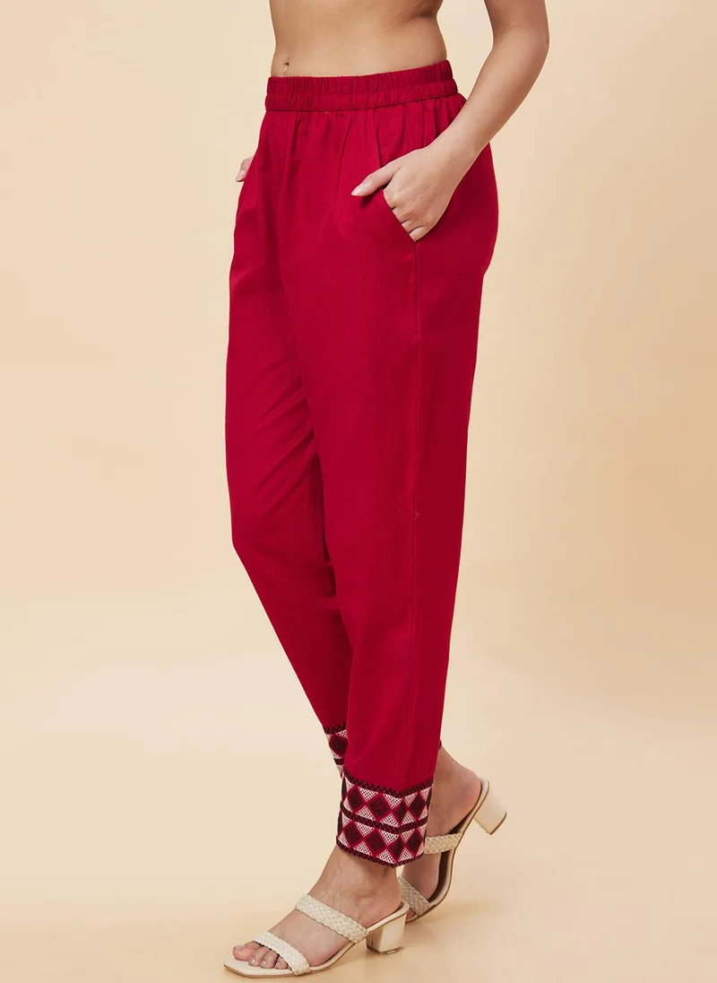 globus Globus Women Maroon Mid Rise Plain Pure Cotton Straight Fit Trousers