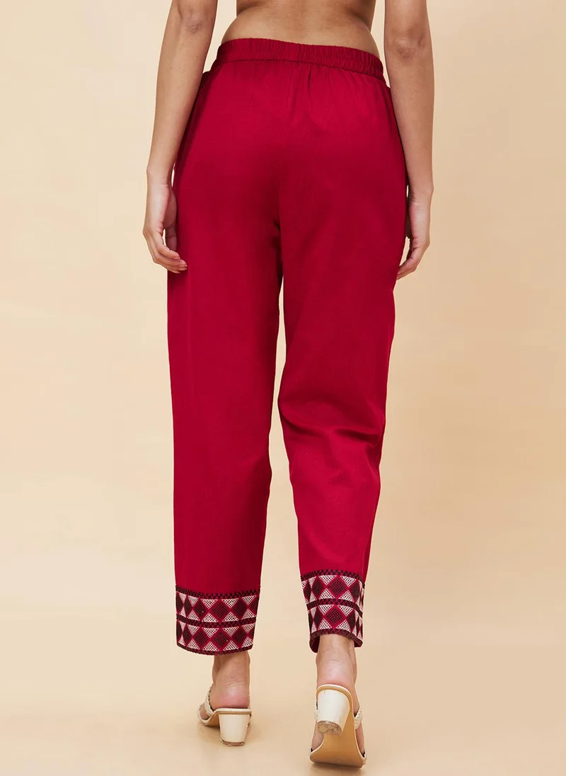 globus Globus Women Maroon Mid Rise Plain Pure Cotton Straight Fit Trousers
