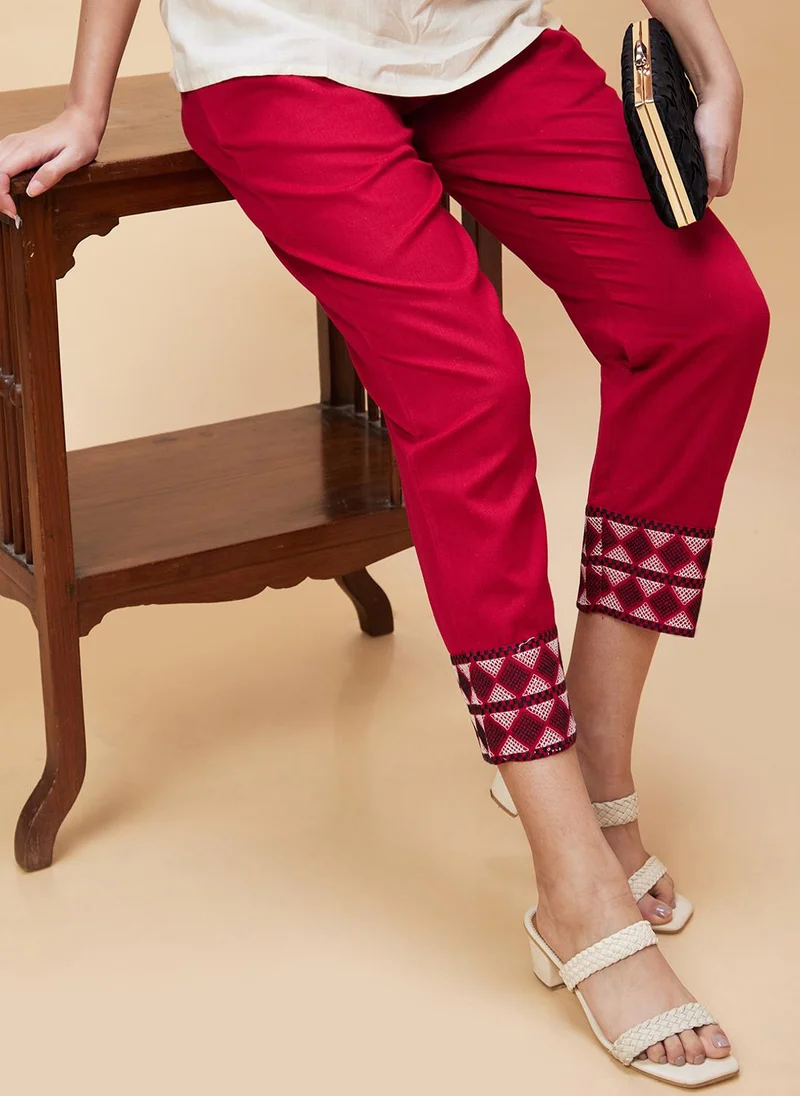 globus Globus Women Maroon Mid Rise Plain Pure Cotton Straight Fit Trousers