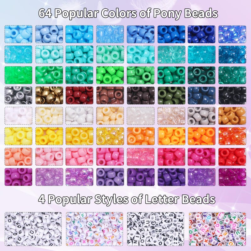 QUEFE 2350pcs, 64 Colors, Pony Beads for Bracelet Making Kit, Rainbow Kandi Beads Friendship Bracelet Kit, Letter Beads and Elastic Strings for Bracelet Necklace Making, Craft Gifts Set for Girls - Image 3