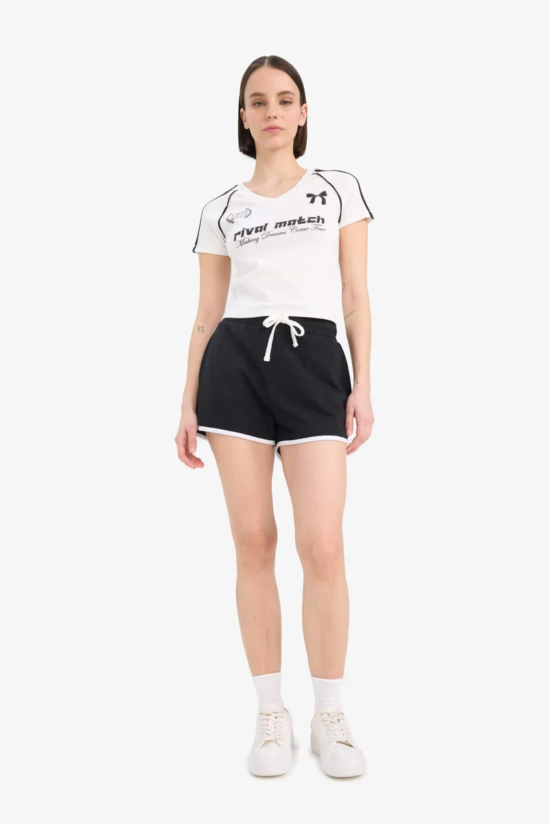 ديفاكتو Fitted V Neck Printed Ribbed Short Sleeve T-Shirt