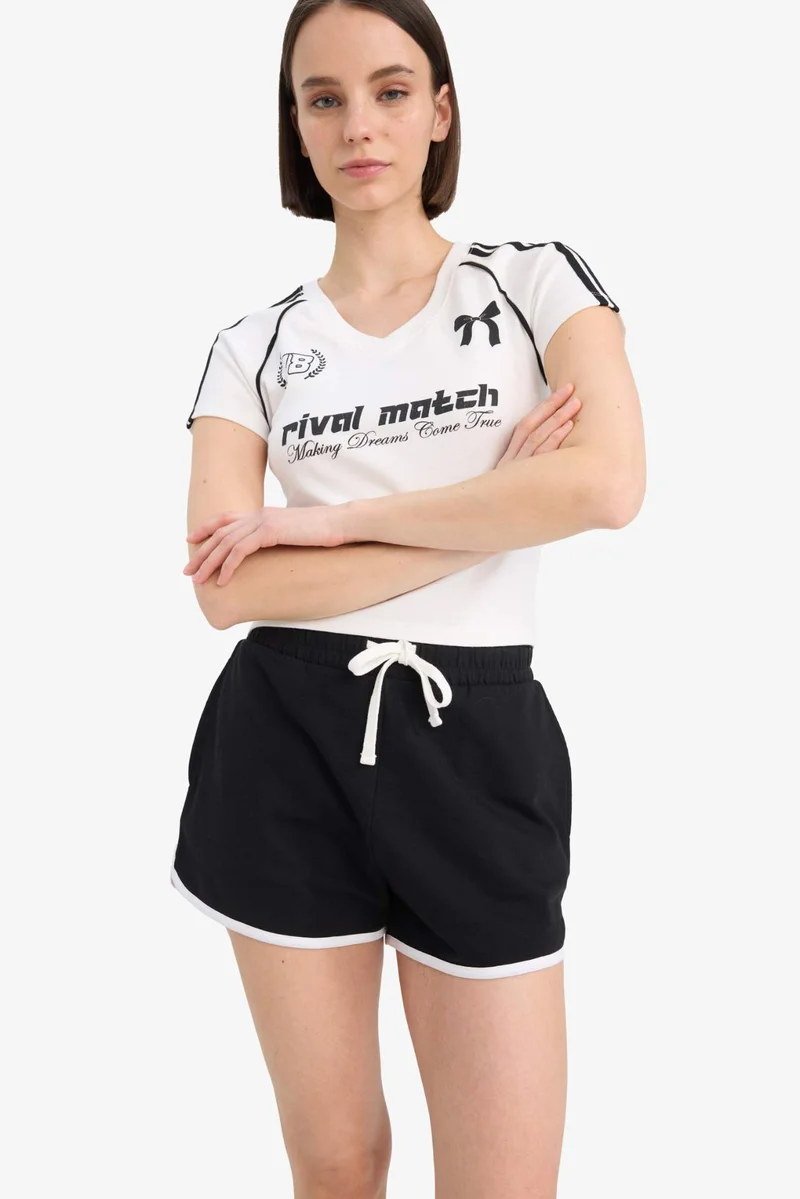 ديفاكتو Fitted V Neck Printed Ribbed Short Sleeve T-Shirt