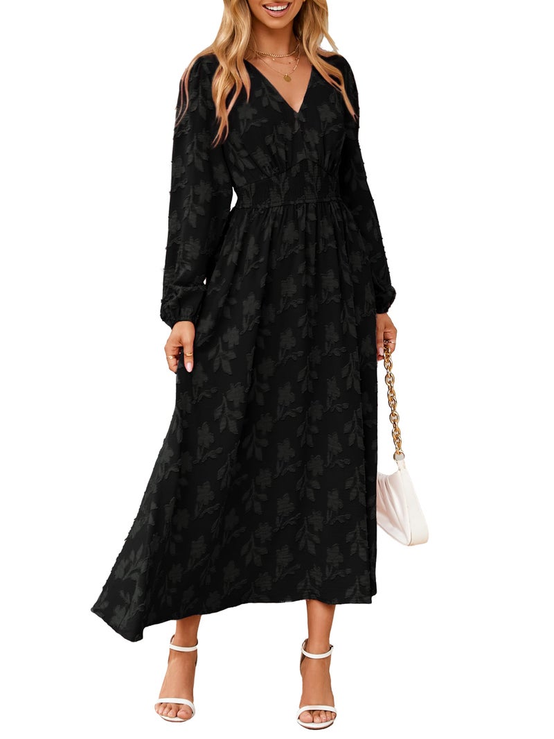 Simplee Womens Boho Floral Long Sleeve Maxi Dress Formal Wedding Guest Dresses Modest Church Dress Fall Outfits Black XL - Image 1