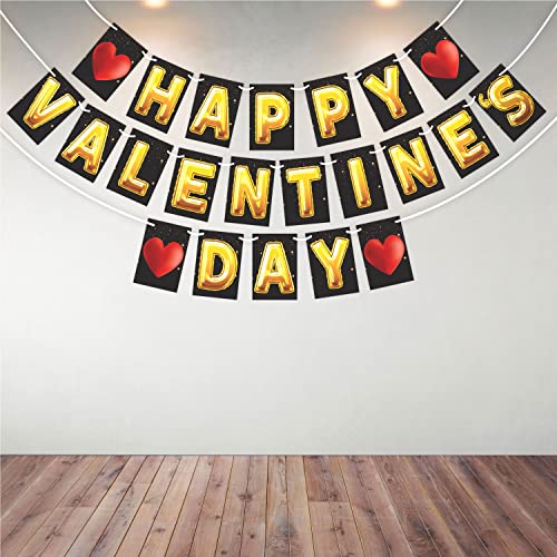 Wobbox Valentine Bunting Banner For Couples, Happy Valentine Banner, Valentine Party Decoration, Happy Valentine Day Party Decorations Items (Black & Golden Text Happy Valentine Day) - Image 1