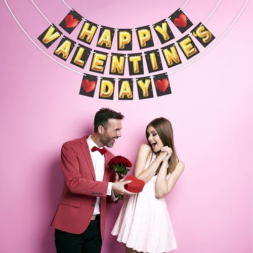 Wobbox Valentine Bunting Banner For Couples, Happy Valentine Banner, Valentine Party Decoration, Happy Valentine Day Party Decorations Items (Black & Golden Text Happy Valentine Day) - Image 5