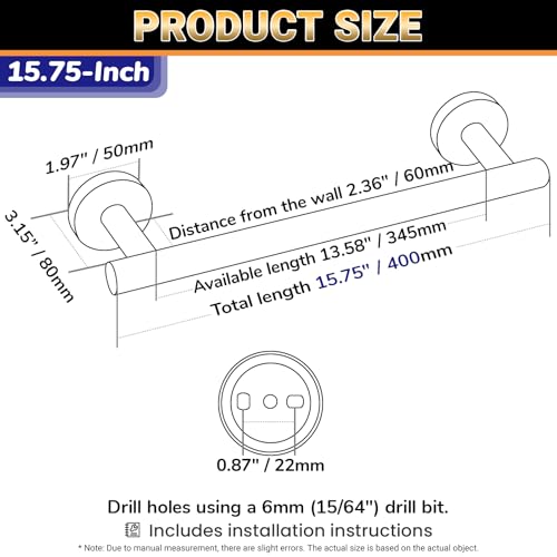 Miyili Matte Black 15.75" Towel Bar SUS 304 Stainless Steel Towel Holder for Bathroom or Kitchen Wall Mount, A01B40A - Image 2