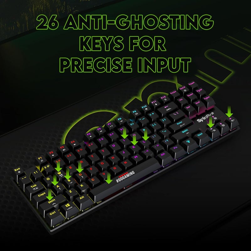 SpinBot لوحة مفاتيح الألعاب الميكانيكية Rage MK87 - مفاتيح زرقاء لمسية | تصميم مدمج 87 مفتاح TKL | إضاءة RGB متعددة الألوان نابضة بالحياة | 26 مفتاح مضاد للغش | بناء ABS متين | توصيل وتشغيل USB - Image 5