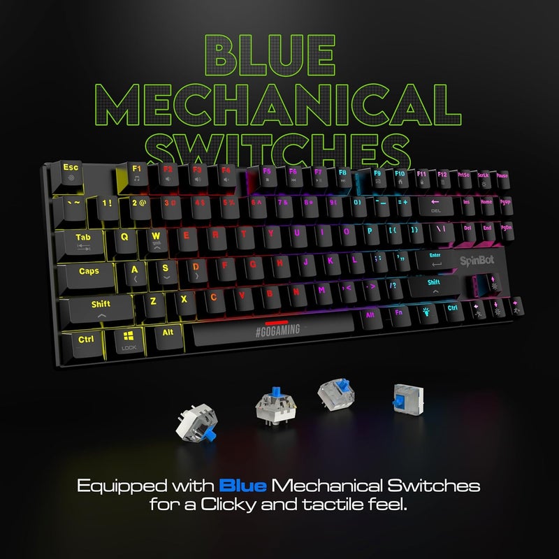 SpinBot لوحة مفاتيح الألعاب الميكانيكية Rage MK87 - مفاتيح زرقاء لمسية | تصميم مدمج 87 مفتاح TKL | إضاءة RGB متعددة الألوان نابضة بالحياة | 26 مفتاح مضاد للغش | بناء ABS متين | توصيل وتشغيل USB - Image 2