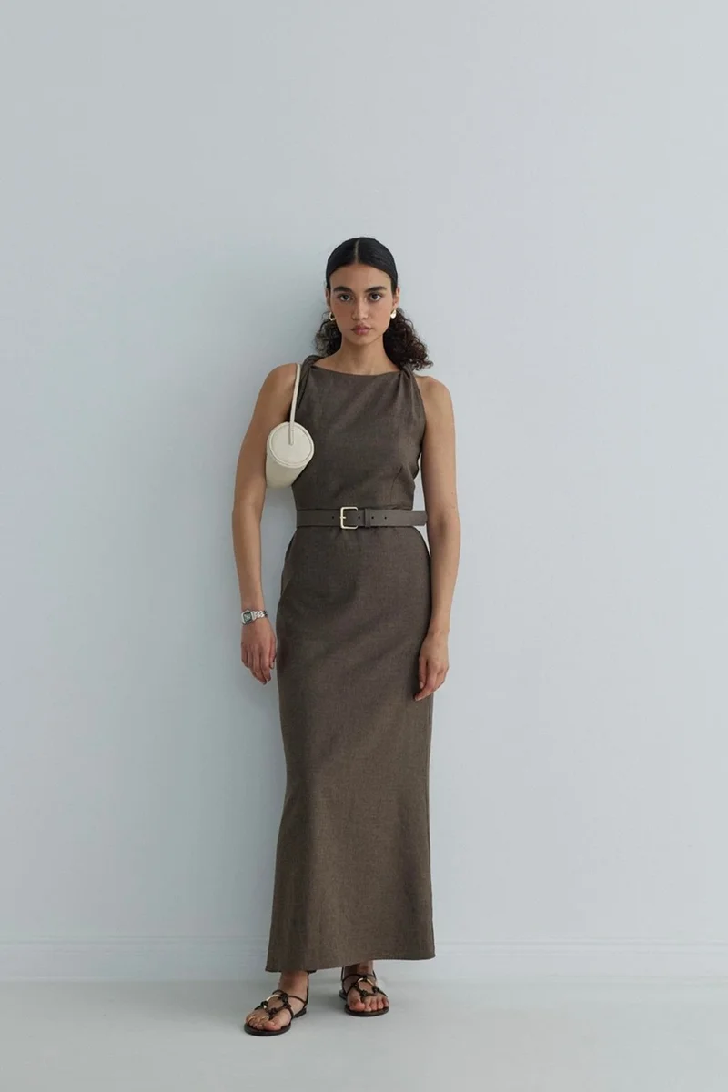 Suud Collection Brown Breeze Knotted Shoulder Dress
