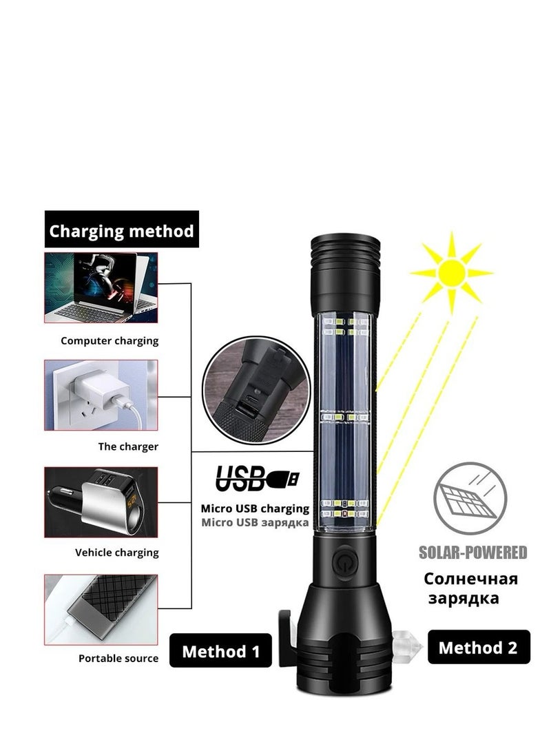 Multifunctional Torch LED Flash Light Solar Power Torch Ultra Bright Flashlight USB Rechargeable Lamp with Safety Hammer and Alarm - Image 2