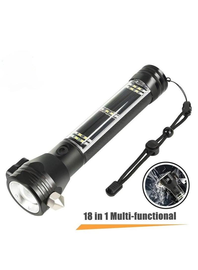 Multifunctional Torch LED Flash Light Solar Power Torch Ultra Bright Flashlight USB Rechargeable Lamp with Safety Hammer and Alarm - Image 1
