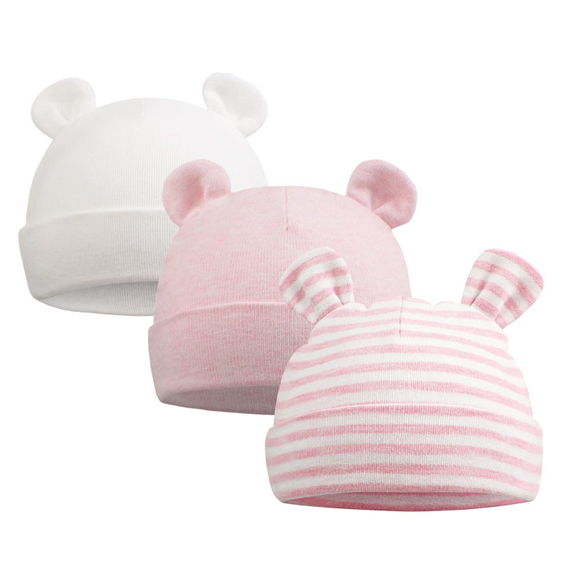 Pesaat Original Cotton Newborn Beanies Striped Cute Baby Hat for Boys Girls Bear Ears Infant Beanie 2-Pack (Bear(Pink+Pink Striped)) - Image 1
