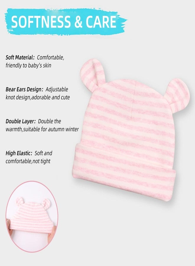 Pesaat Original Cotton Newborn Beanies Striped Cute Baby Hat for Boys Girls Bear Ears Infant Beanie 2-Pack (Bear(Pink+Pink Striped)) - Image 3