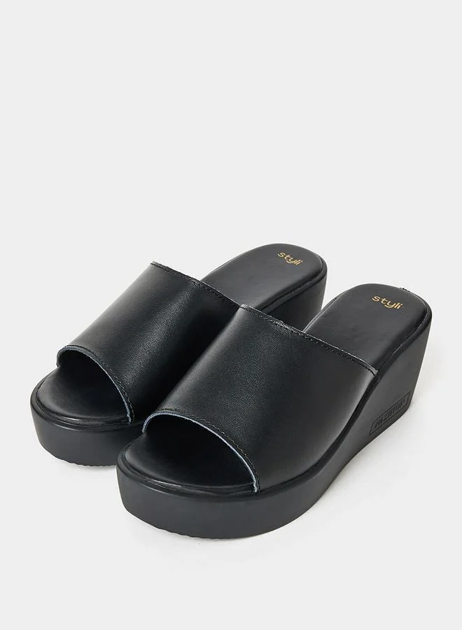 Styli Wide Strap Wedge Sandals