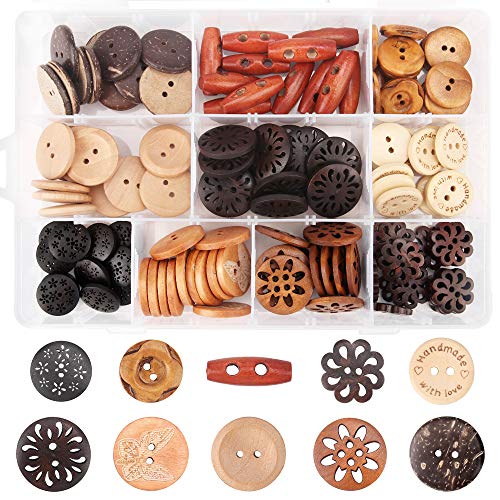 Meifuly Assorted Handmade Buttons, 120Pcs Wooden Buttons Art DIY Craft Supplies with Box - Image 1