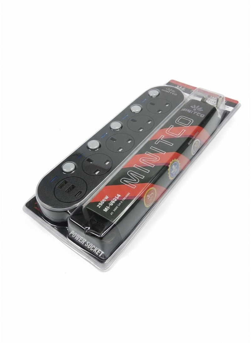 MINITCO MI-U8054 USB Power Strip – 4 Universal Outlets + 3 USB Ports (2x USB-A + Type-C), 3m Cord with White Lead, Black Housing, Surge Protector, 2500W, 220-240V - Image 1