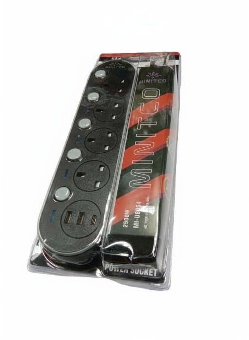 MINITCO MI-U8054 USB Power Strip – 4 Universal Outlets + 3 USB Ports (2x USB-A + Type-C), 3m Cord with White Lead, Black Housing, Surge Protector, 2500W, 220-240V - Image 2