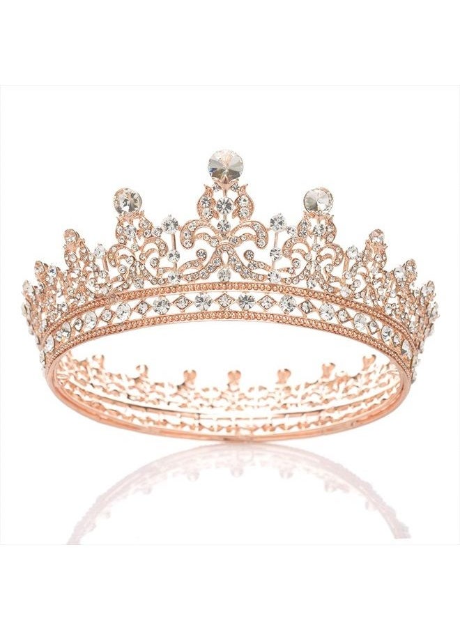 SWEETV - Full Round Tiaras and Crowns for Women, Wedding Tiara for Bride, Crystal Queen Crown for Pageant Birthday Party Cake Topper, Rose Gold - Image 1