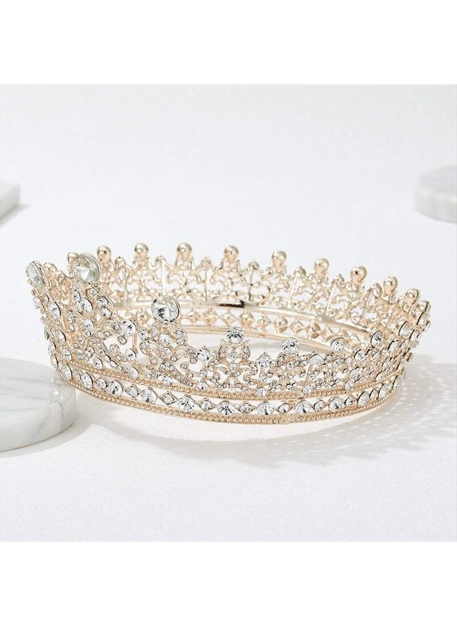 SWEETV - Full Round Tiaras and Crowns for Women, Wedding Tiara for Bride, Crystal Queen Crown for Pageant Birthday Party Cake Topper, Rose Gold - Image 1