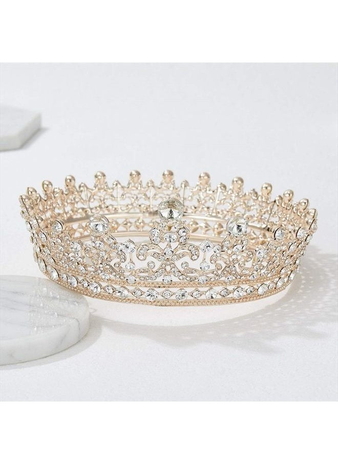 SWEETV - Full Round Tiaras and Crowns for Women, Wedding Tiara for Bride, Crystal Queen Crown for Pageant Birthday Party Cake Topper, Rose Gold - Image 1