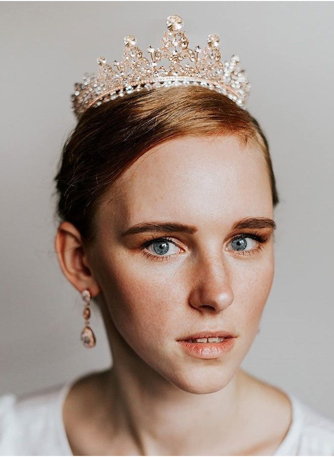 SWEETV - Full Round Tiaras and Crowns for Women, Wedding Tiara for Bride, Crystal Queen Crown for Pageant Birthday Party Cake Topper, Rose Gold - Image 1