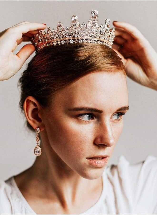 SWEETV - Full Round Tiaras and Crowns for Women, Wedding Tiara for Bride, Crystal Queen Crown for Pageant Birthday Party Cake Topper, Rose Gold - Image 1