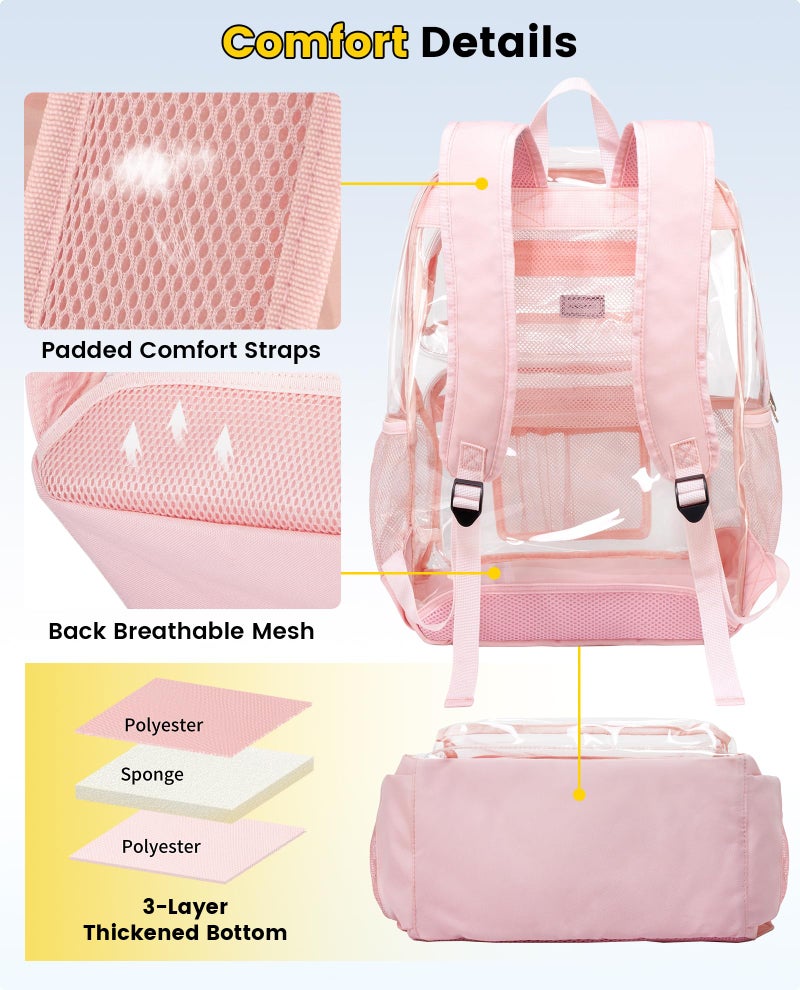 Vorspack Clear Backpack for School - Heavy Duty See Through Bookbag for Girls Boys Extra Large Transparent Backpacks for Work, Travel - Pink - Image 4