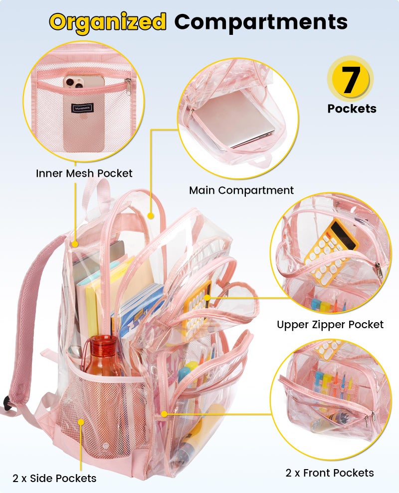 Vorspack Clear Backpack for School - Heavy Duty See Through Bookbag for Girls Boys Extra Large Transparent Backpacks for Work, Travel - Pink - Image 3
