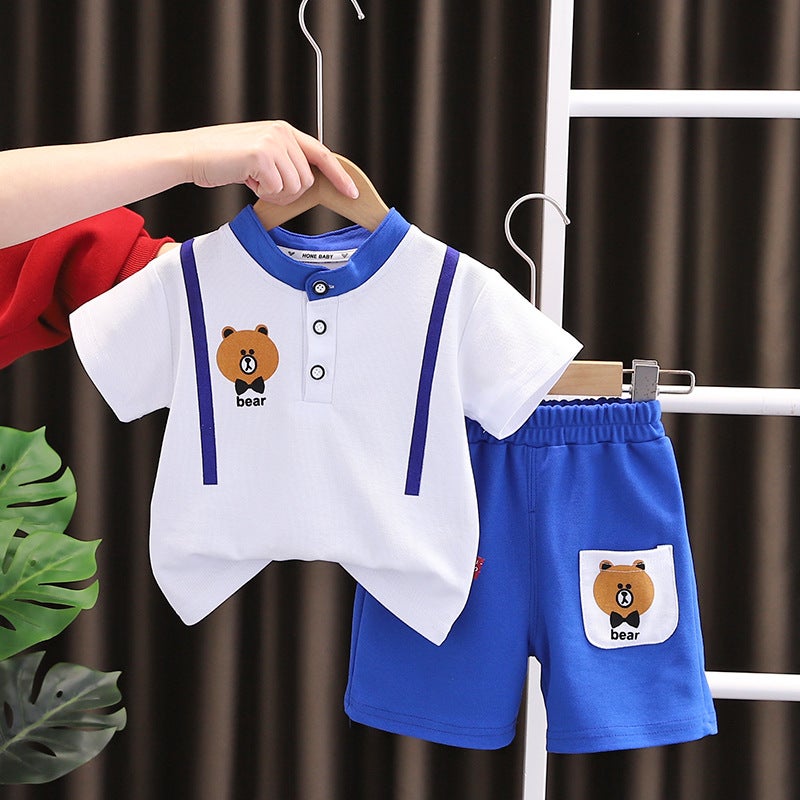 Childrens suit large childrens round neck cartoon printing lining short sleeve solid color fake suspenders shorts two-piece set manufacturers wholesale Royal Blue 