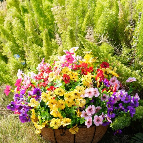 trytuny Artificial Flowers for Outdoor, UV Resistant Fake Silk Flowers, Realistic Faux Plants for Outside Indoor Porch Patio Window Box Planter Home Decor (20, Yellow Purple Rosy Pink Red) - Image 5