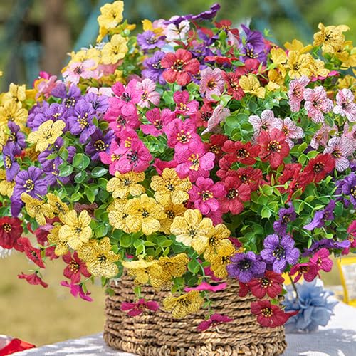 trytuny Artificial Flowers for Outdoor, UV Resistant Fake Silk Flowers, Realistic Faux Plants for Outside Indoor Porch Patio Window Box Planter Home Decor (20, Yellow Purple Rosy Pink Red) - Image 4