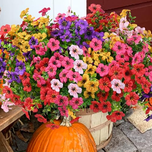 trytuny Artificial Flowers for Outdoor, UV Resistant Fake Silk Flowers, Realistic Faux Plants for Outside Indoor Porch Patio Window Box Planter Home Decor (20, Yellow Purple Rosy Pink Red) - Image 1