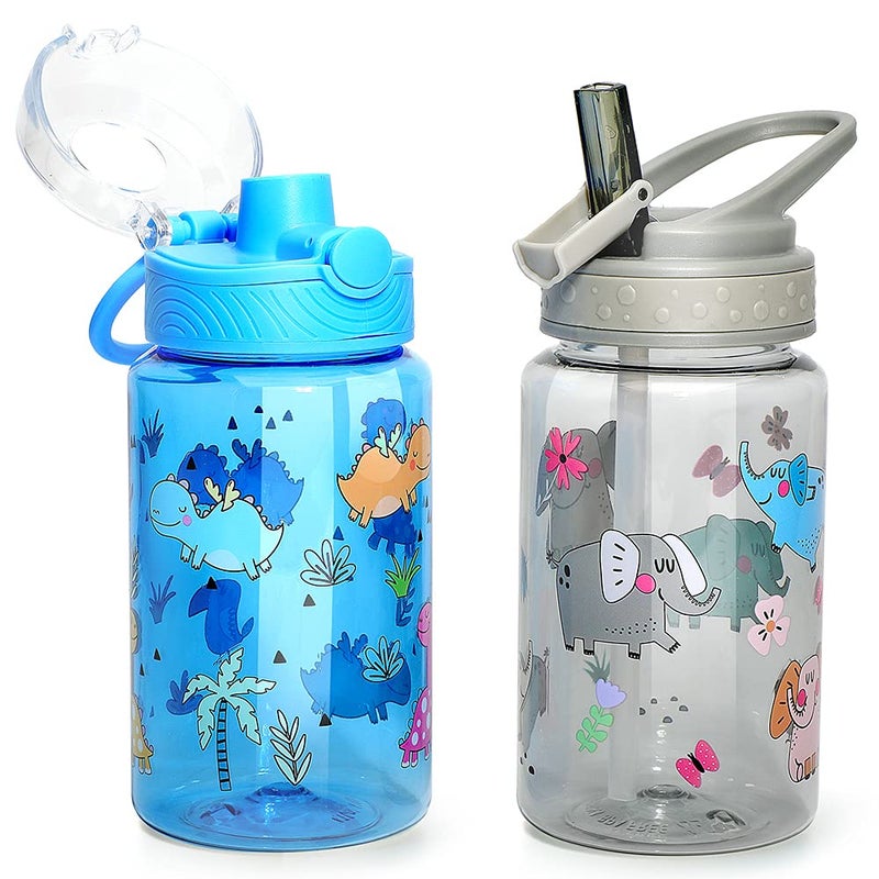 Home Tune 16oz Kids Water Drinking Bottle  Tritan BPA Free Auto Flip Chug Lid Sip Straw Lid Carry Loop Lightweight LeakProof Cute Design Girls  Boys  2 Pack Elephant  Dinosaur