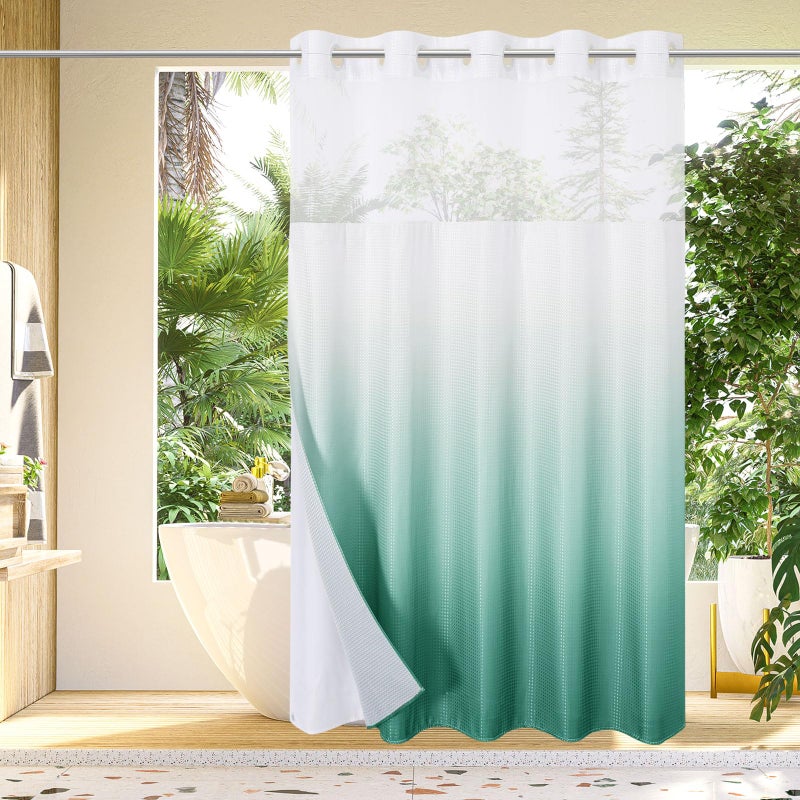 Gibelle No Hook Waffle Weave Shower Curtain with Snap-in Fabric Liner Set for Bathroom  Hotel Style with Mesh Top Window  Waterproof & Washable  Ombre Teal  72x74 - Image 1
