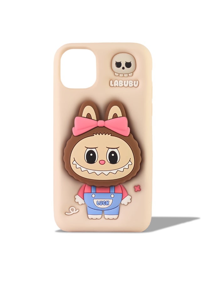 3D Cute Cartoon Soft Silicone Series Sleek Protective Covers Phone Back Shell With pop socket For Iphone 14 Plus/15 Plus (Beige)
