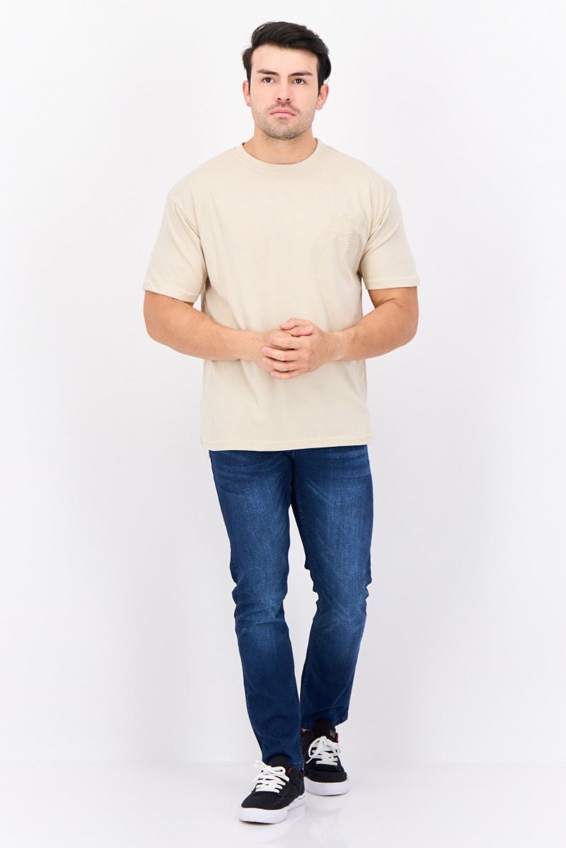 Fudo Men Crew Neck Short Sleeves Brand Logo T-Shirt, Beige - Image 3