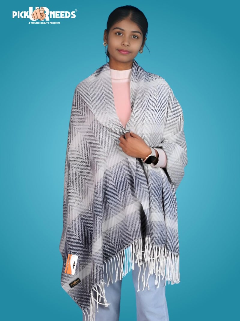 Pick Ur Needs Women's Soft Plaid Shawl Wrap Scarf with Pom Poms Warm Blanket Stole Fashionable Winter Gift for Ladies (Dark Grey) - Image 2