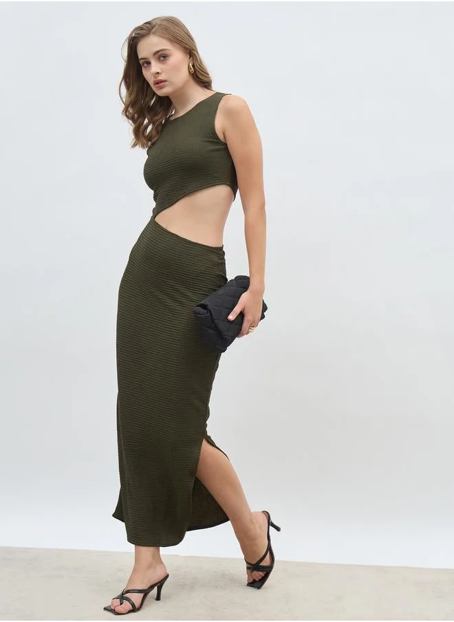Styli Styli Women Green Textured Cut Out Waist Sheath Maxi Dress with Side Slit