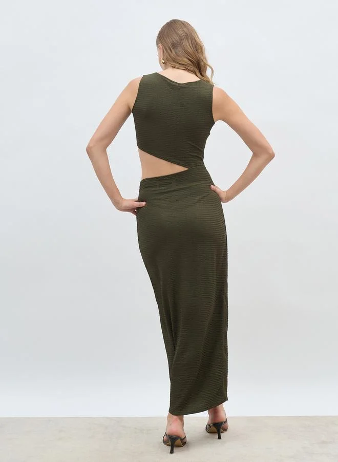 Styli Styli Women Green Textured Cut Out Waist Sheath Maxi Dress with Side Slit